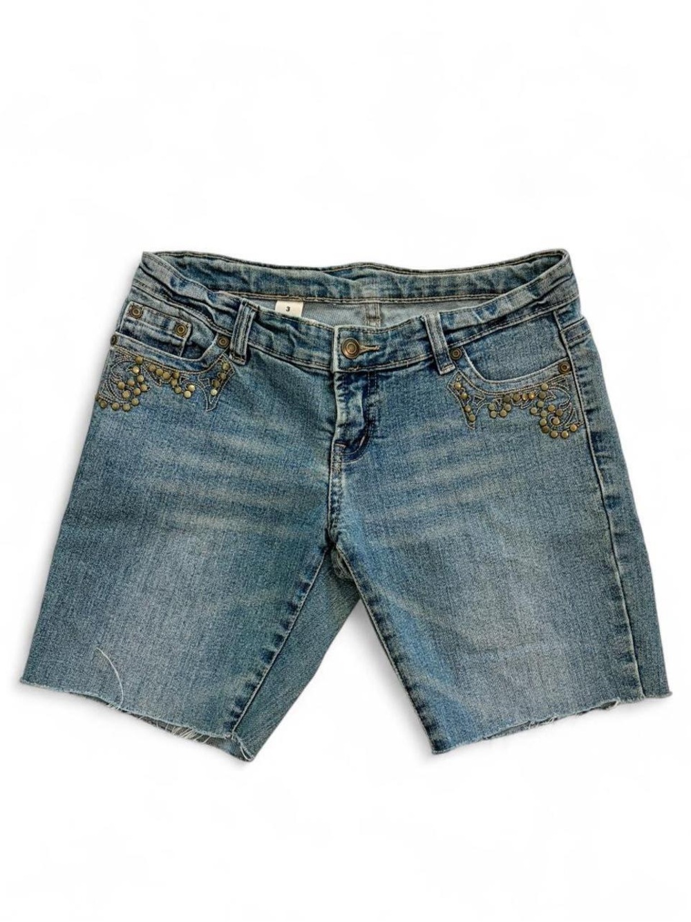 Vintage Y2K embroidered studded low rise blue jean denim cut off shorts size 2/3